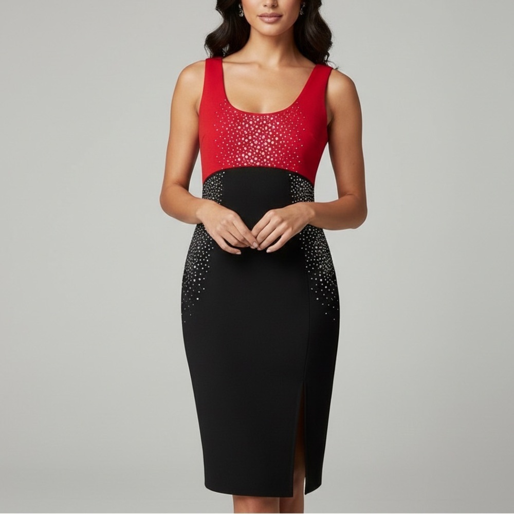 Calvin Klein Studded Sheath Dress Black Red Size 4 Womens - Picture 1 of 8
